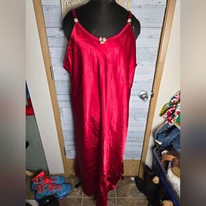 Vtg Elegant Red Satin Rose Details Embroidered Maxi Slip Dress